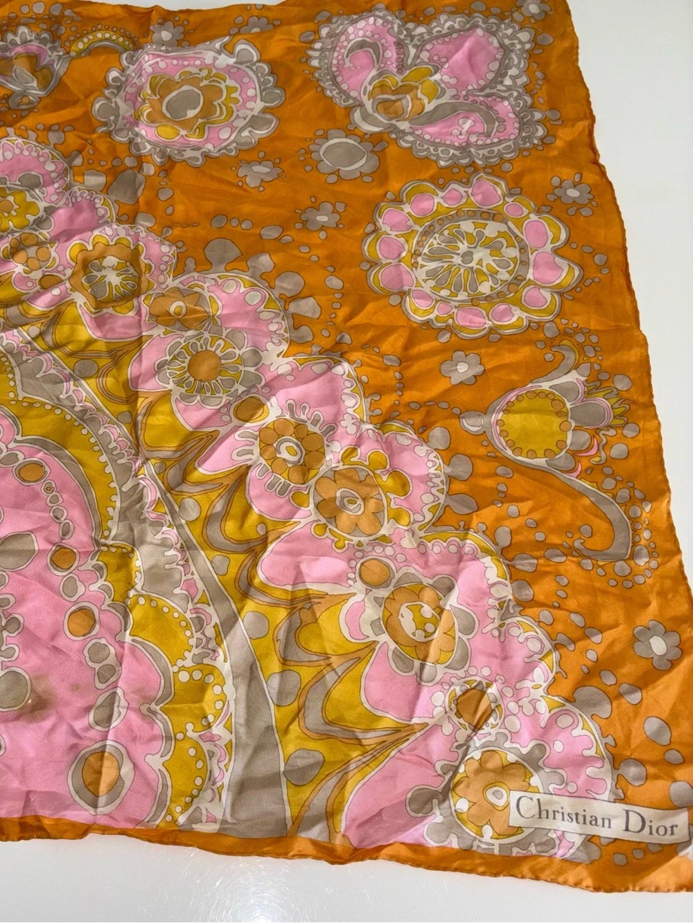 Christian Dior Vintage Silk Scarf in Mustard Yellow & Pink Paisley
